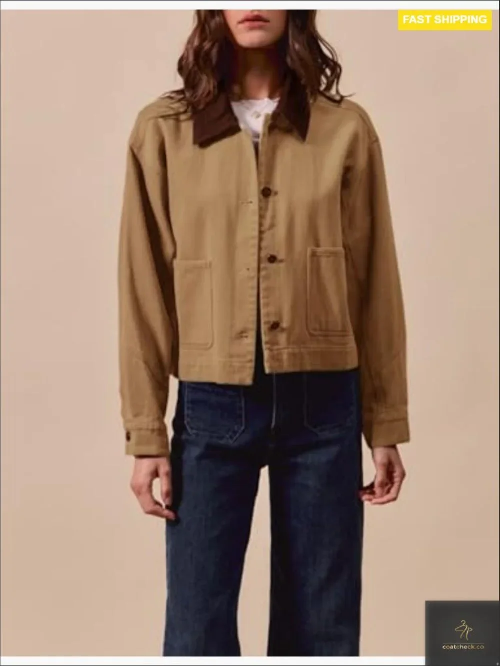Cropped Barn Jacket Button Down Cord Collar with Pockets Trendy Work Outerwear